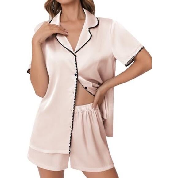 Ekouaer Pink Silk Satin Pajama Set 2 Piece Short Sleeve Top & Shorts L NEW/NWT!! - Picture 1 of 4